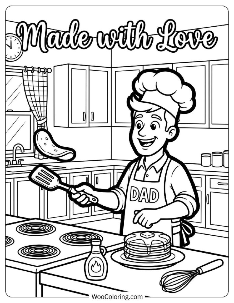 Master Chef Dad Cooking Pancakes Breakfast in Kitchen Picture to Color