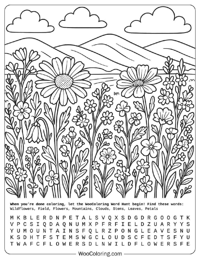 Summer coloring page of wildflowers blooming in field with mountains and clouds in background