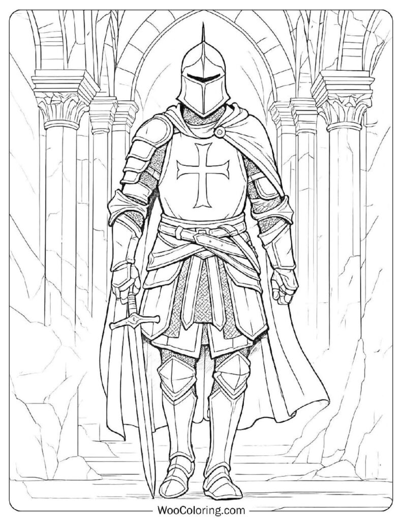Medieval Knight In Castle With Sword Coloring Page