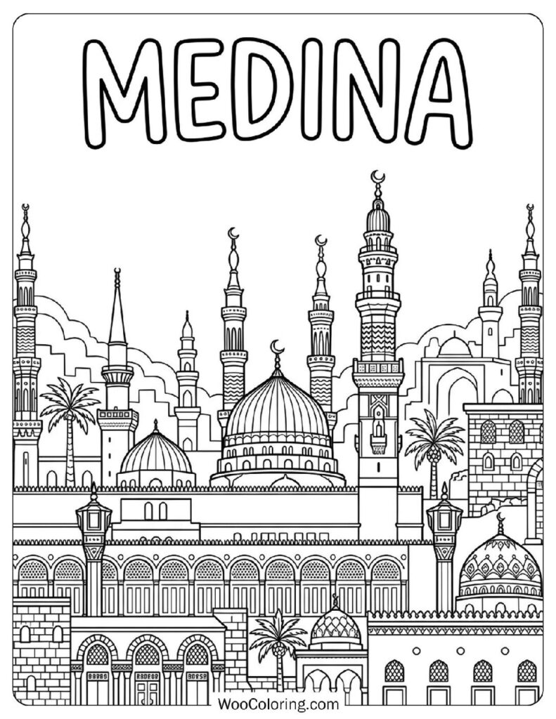 Medina Skyline with Al Masjid an Nabawi and City Minarets Coloring Page