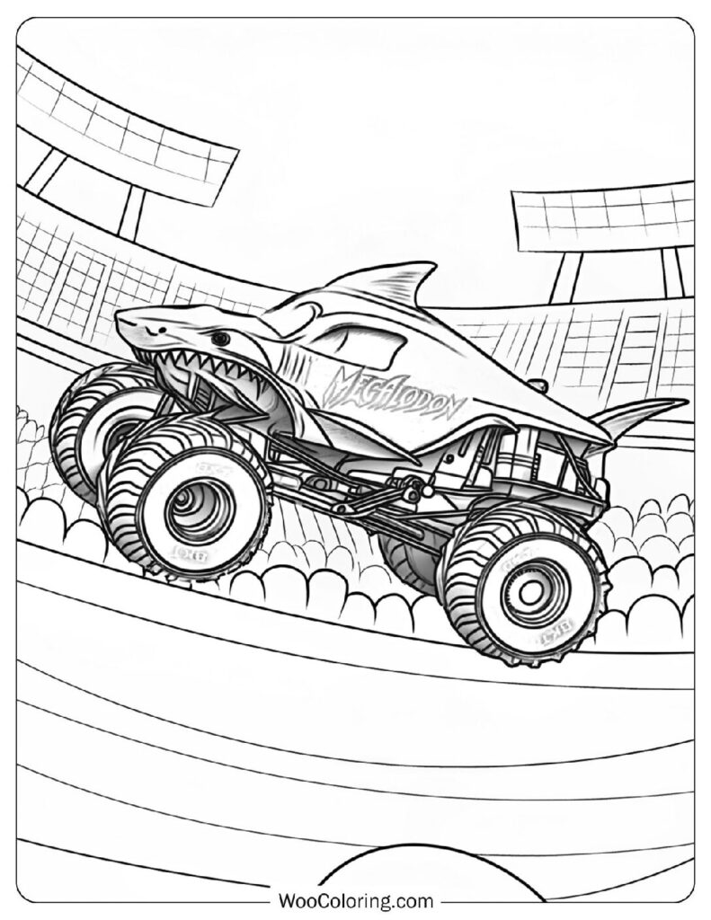 Megalodon Monster Truck Flying Through the Air in a High-Speed Stadium Jump