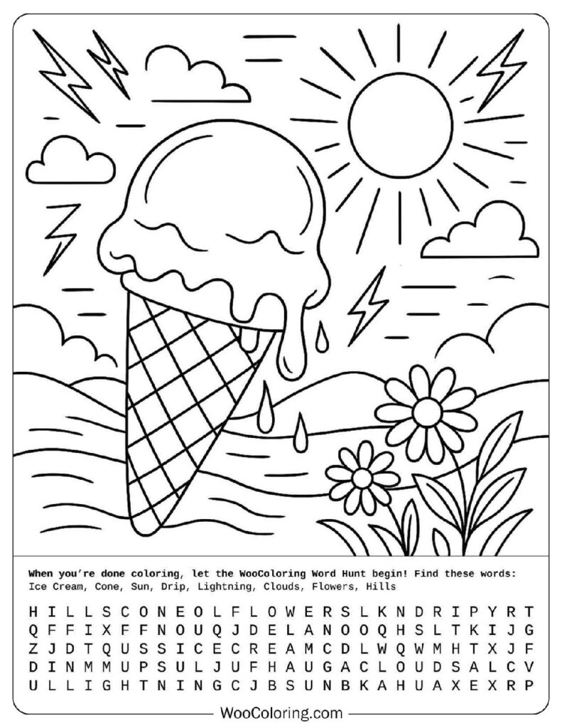 Melting ice cream cone under hot sun with clouds and flowers in a playful summer coloring page
