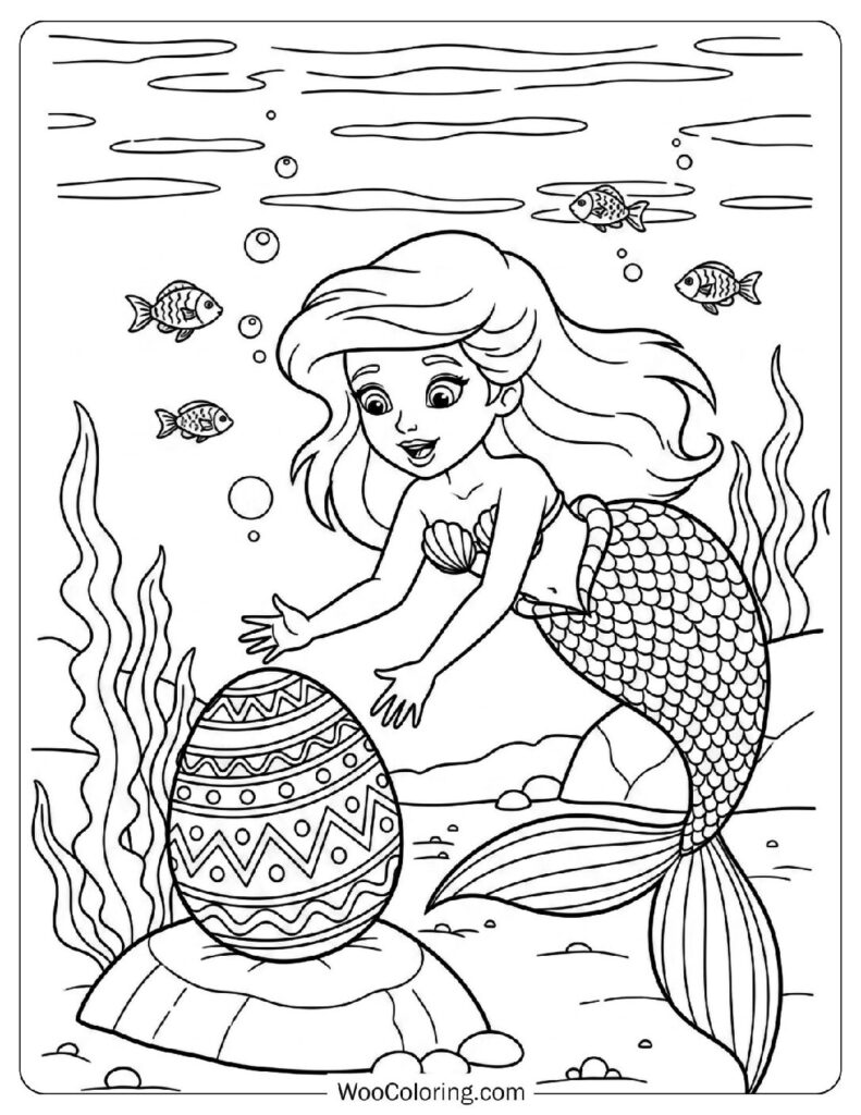 Mermaid Discovering an Easter Egg Underwater Coloring Page for Kids