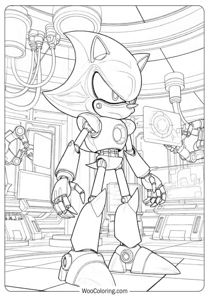 Metal Sonic Robot Coloring Sheet for Preschoolers featuring shiny metallic textures and glowing eyes