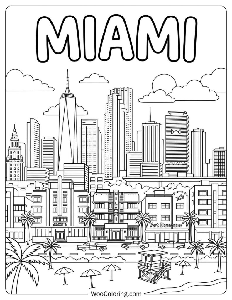 Miami Skyline with South Beach and Art Deco District Coloring Sheet
