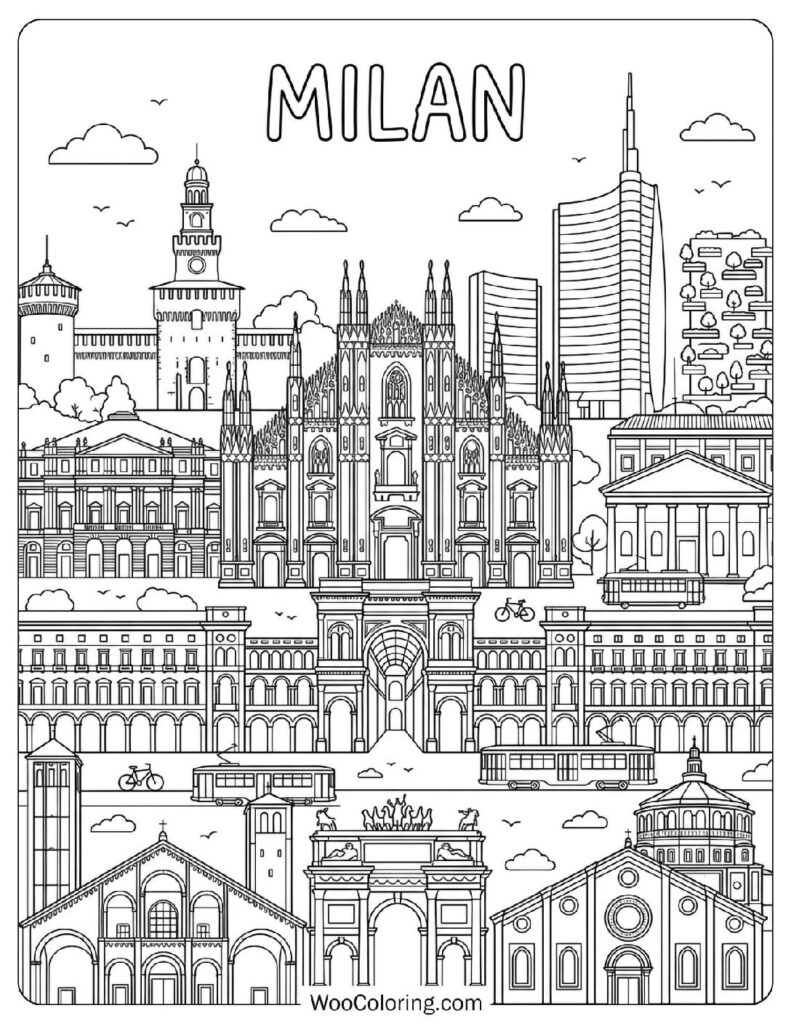 Milan Skyline with Duomo Cathedral and Galleria Vittorio Coloring Sheet
