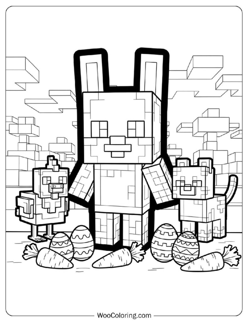 Minecraft-Inspired Easter Scene with Bunny, Chicken, and Cat
