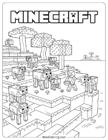 Minecraft coloring page featuring multiple Mooshroom cows grazing on a mushroom island biome with large spotted mushroom trees, Steve walking with a bucket, terraced landscape, and distant clouds in the sky.