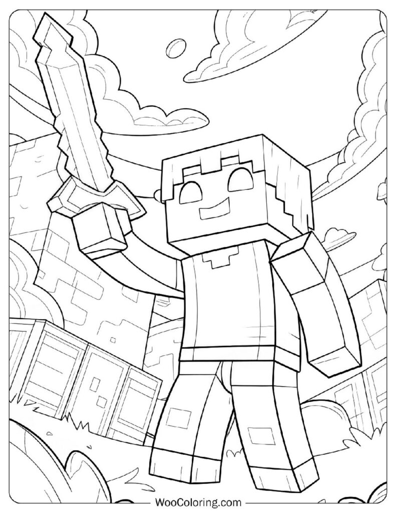 Easy Coloring Page Of Minecraft Steve Sword