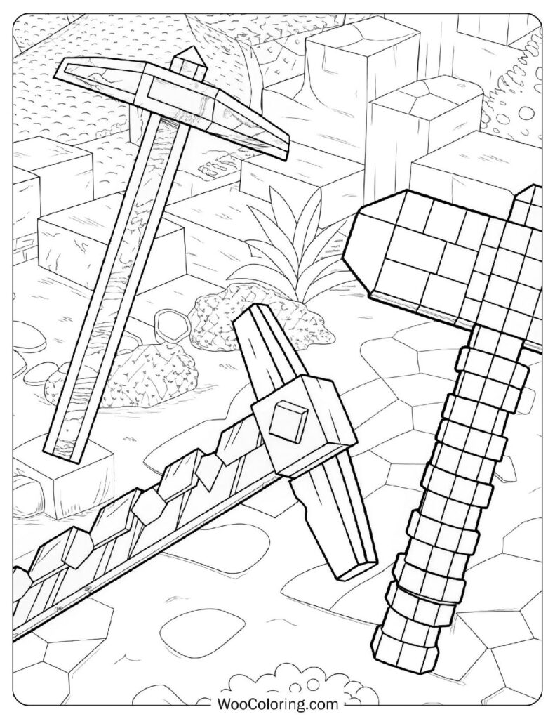 Detailed Coloring Page Of Minecraft Weapons