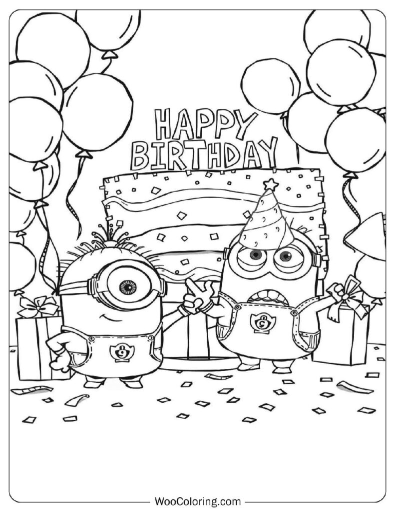 Minions Happy Birthday Party Scene Coloring Page For Kids