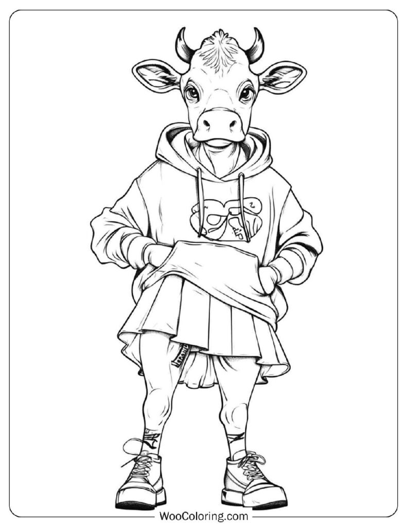 Modern Cow Girl Coloring Page For Teens & Adults In Street Fashion