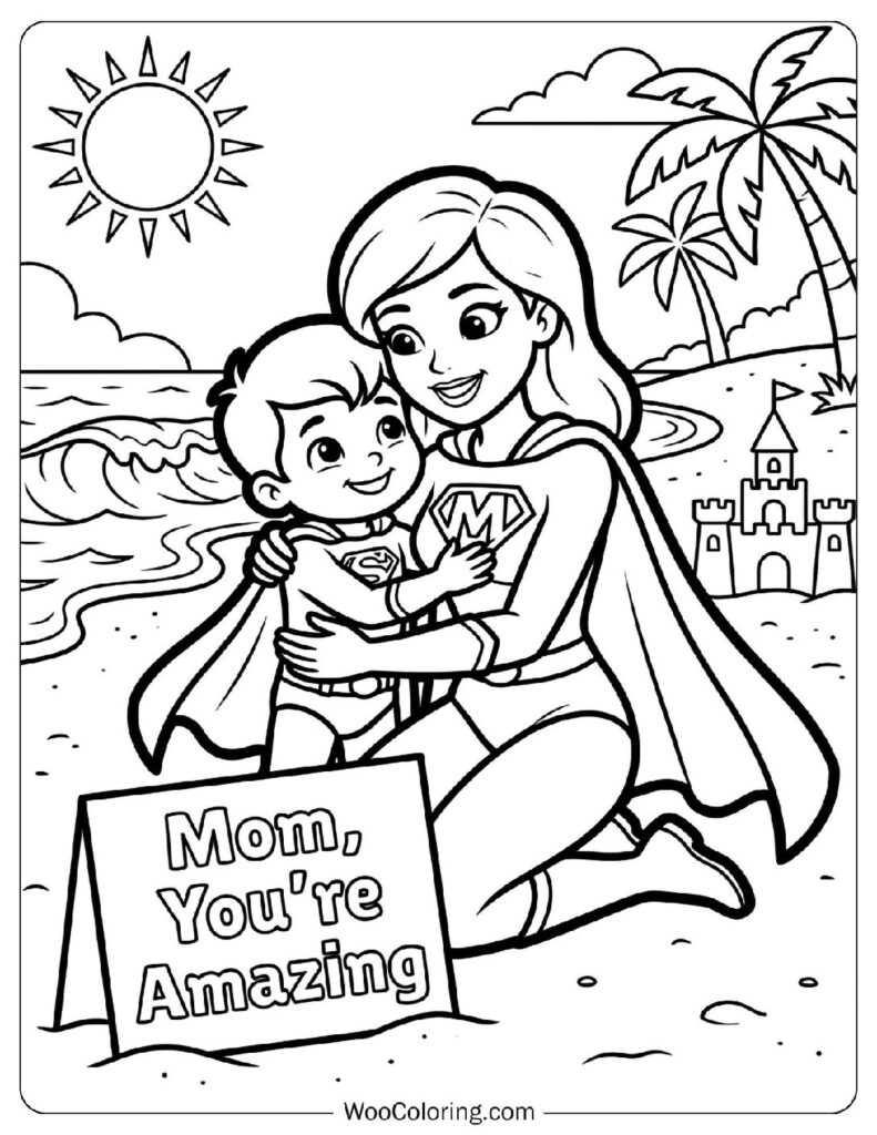 Mom, You’re Amazing Card with Mother and Son at the Beach Picture to Color