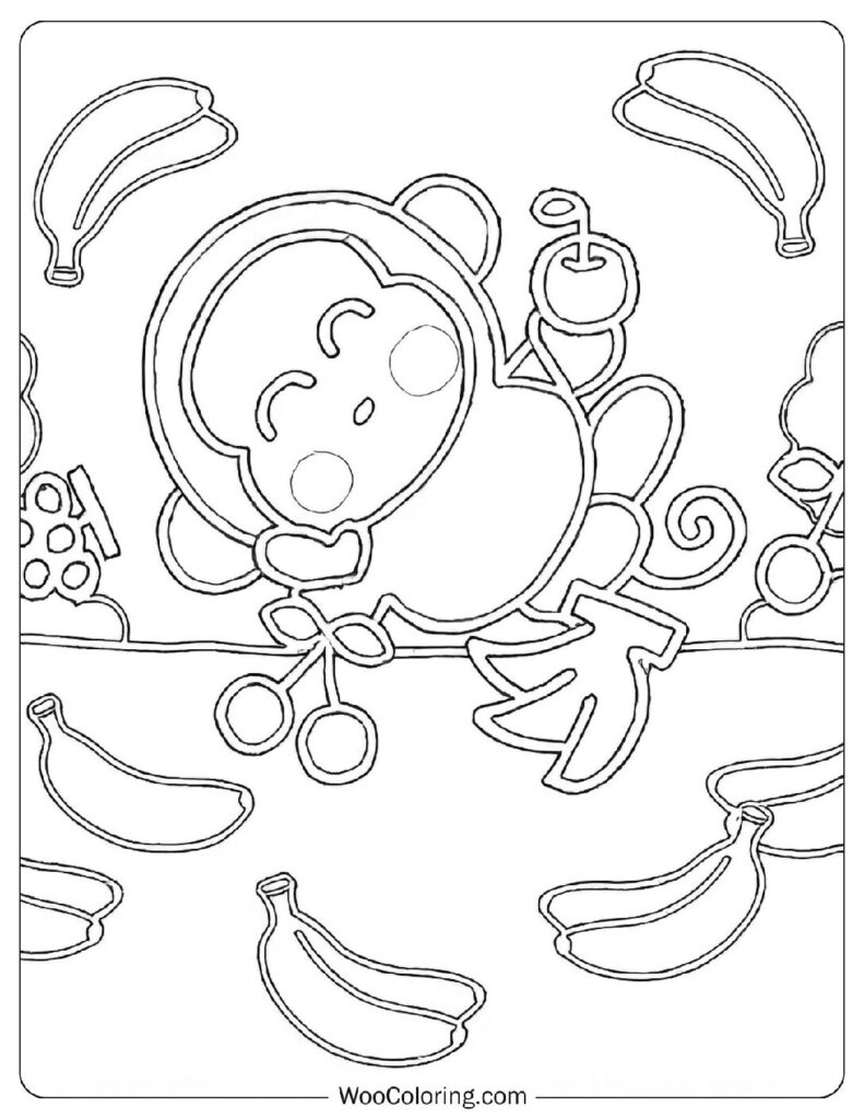 Monkichi cheerful Sanrio monkey holding bananas and cherries under a sunny sky