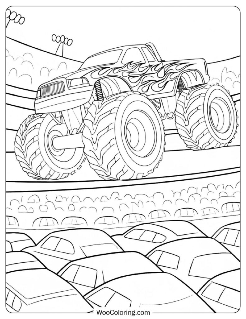 Monster Truck Coloring Sheet Jumping Over Cars