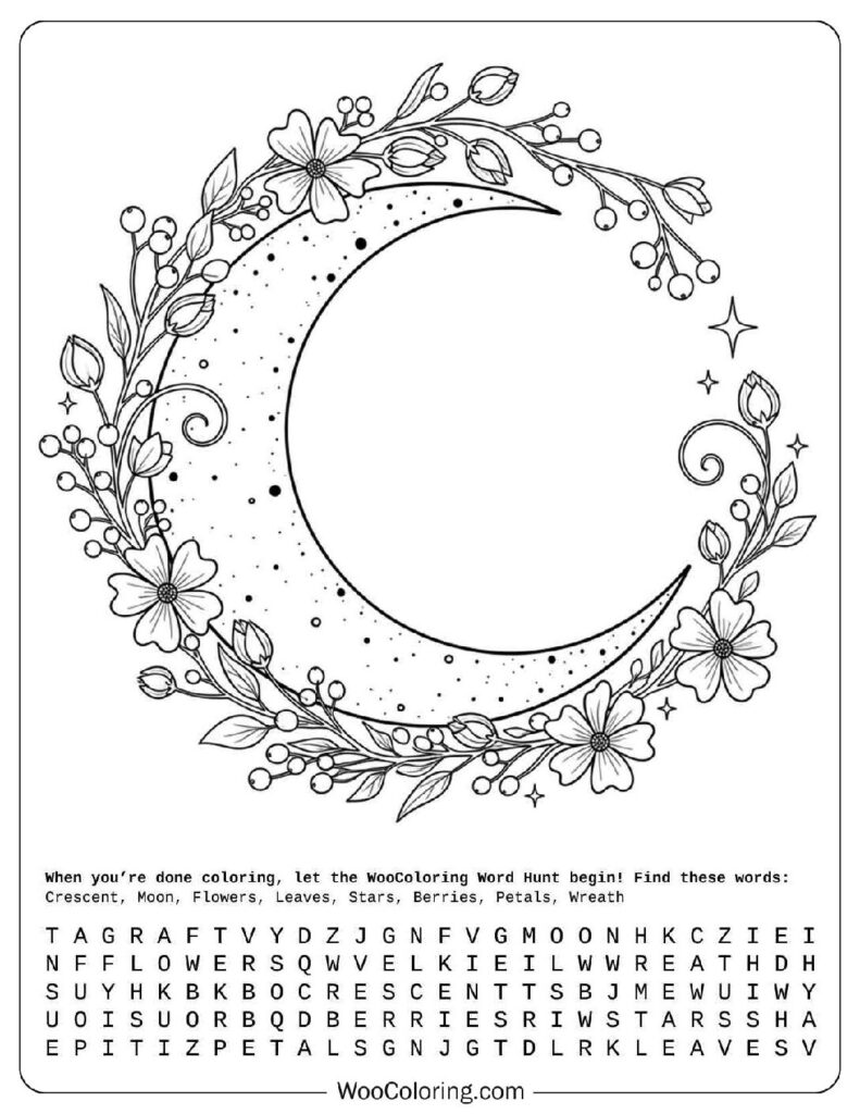 Moon Embraced by Floral Vine Wreath Picture to Color