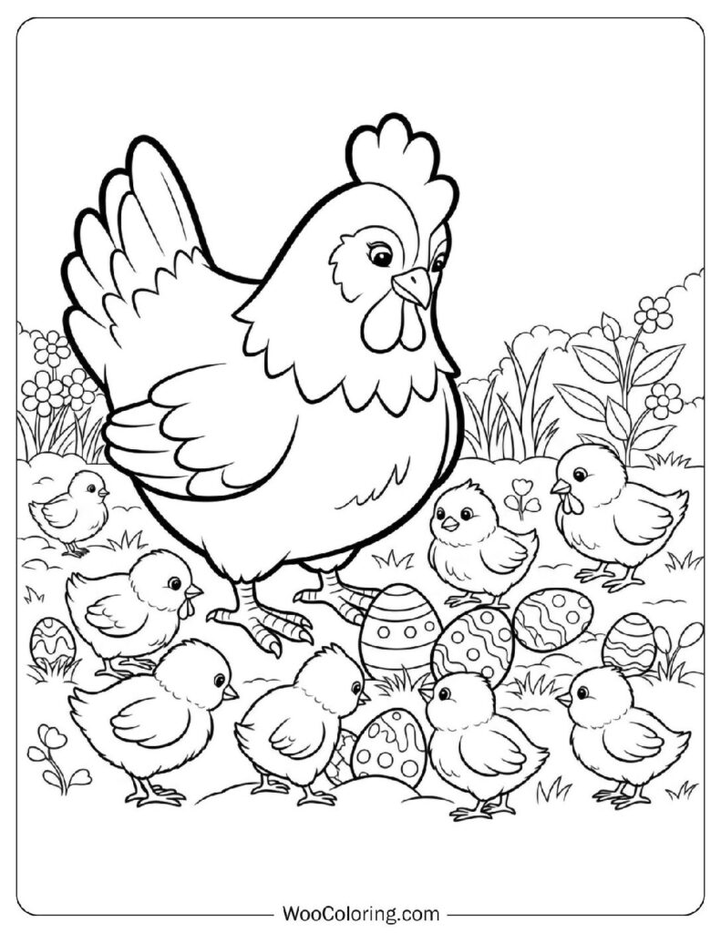 Mother Hen with Her Easter Chicks in the Garden