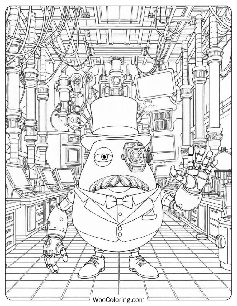 Mr. P Roblox Character Robotic Potato Villain from the Piggy Horror Game Coloring Sheet for Kids