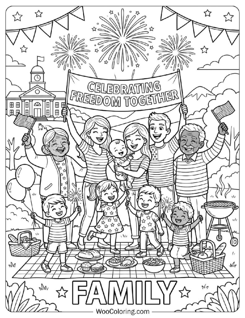 Multigenerational Family Celebrating Freedom Together Coloring Picture