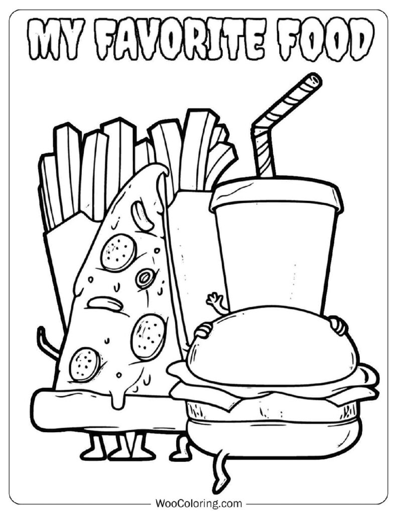 My Favorite Food Coloring Sheet With Pizza, Burger, and Soda