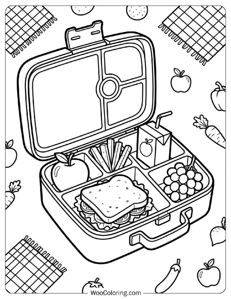 My Favorite Lunch Box Packed with Healthy Snacks Coloring Sheet for Kids