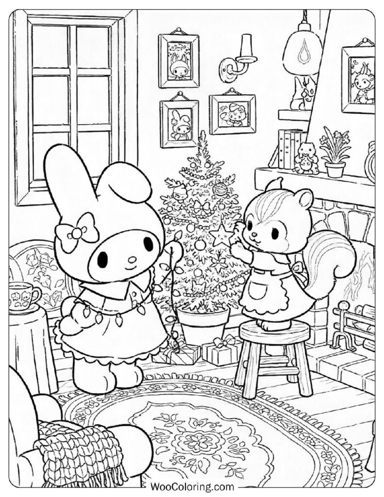 My Melody decorating her room with Sanrio items and Risu Coloring Sheet