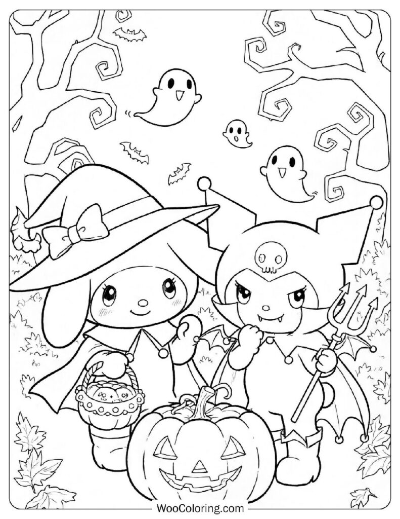 My Melody dressed in a Halloween costume with Kuromi Coloring Sheet