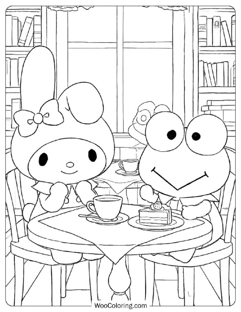 My Melody enjoying a visit to a Sanrio café with Keroppi
