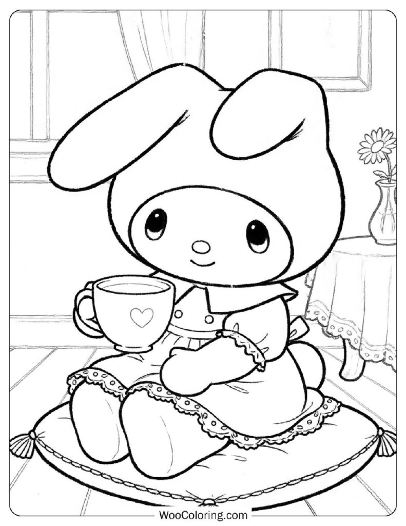 My Melody holding a little cup of milk with a gentle expression
