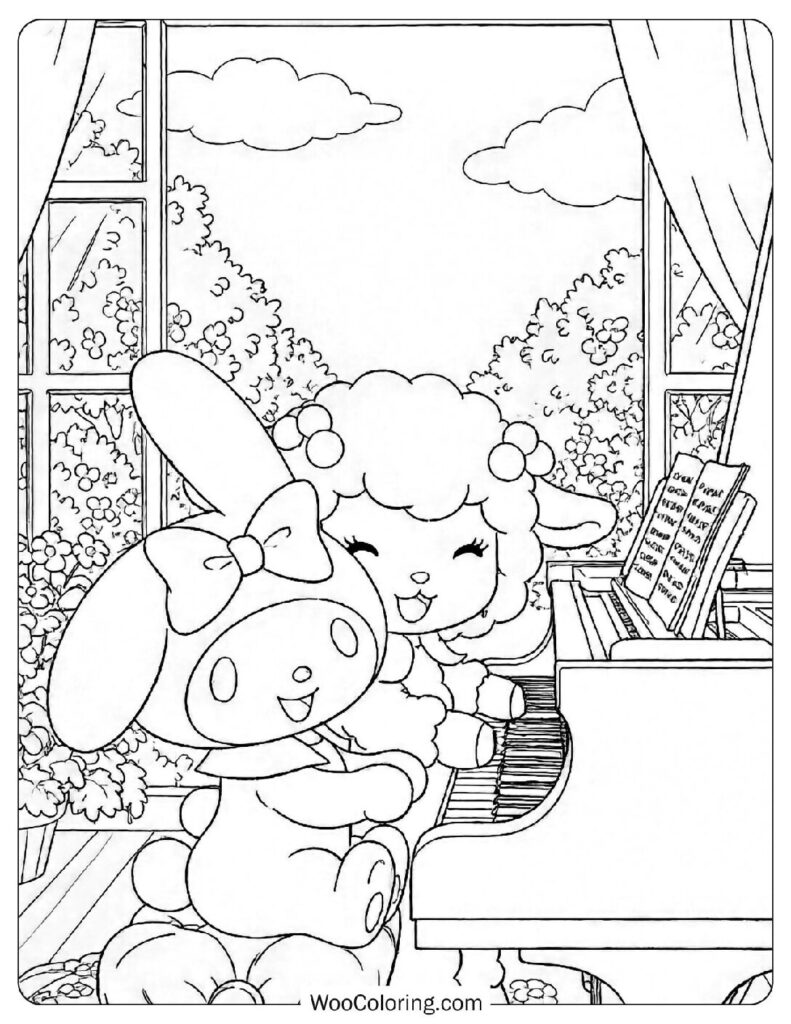 My Melody playing a piano duet with My Sweet Piano Coloring Page for Kids