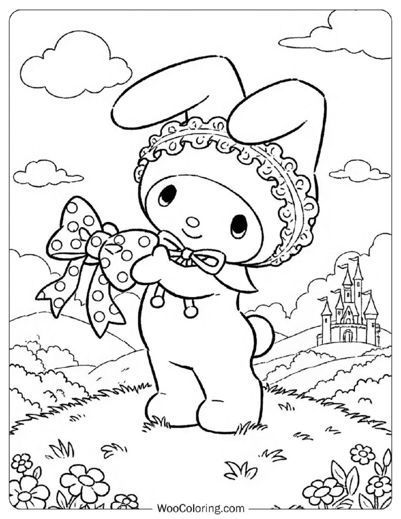 My Melody posing with a cute bow and a cheerful expression