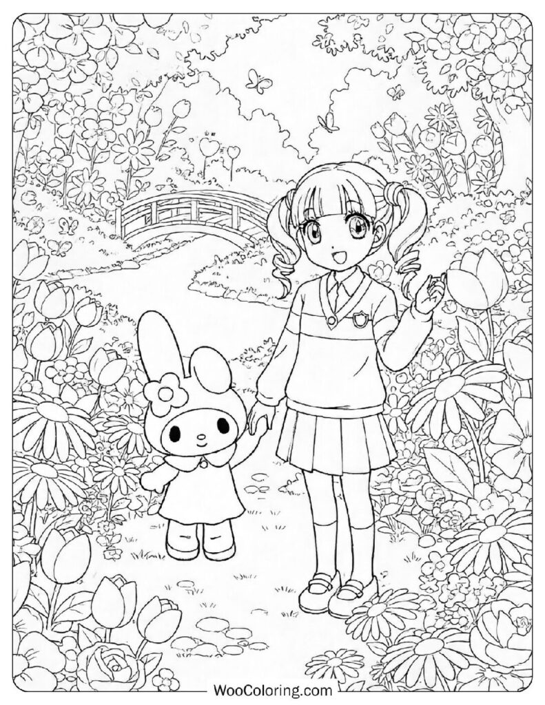 My Melody smiling in a flower garden alongside Uta Yumeno Coloring Page