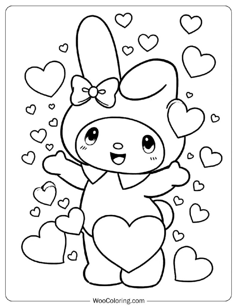 My Melody surrounded by a warm feeling of love and happiness Coloring Sheet for Preschoolers