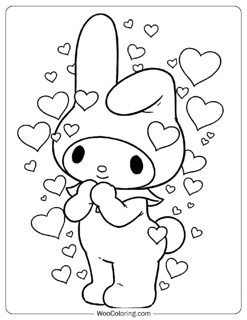 My Melody surrounded by hearts and sparkles in a joyful setting