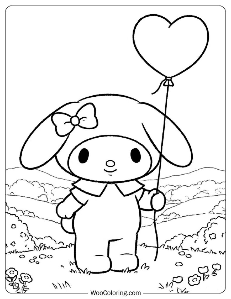 My Melody wearing her iconic hood while holding a heart-shaped balloon