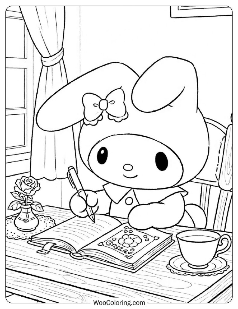 My Melody writing down thoughts in her diary on a quiet afternoon Coloring Sheet for Kids