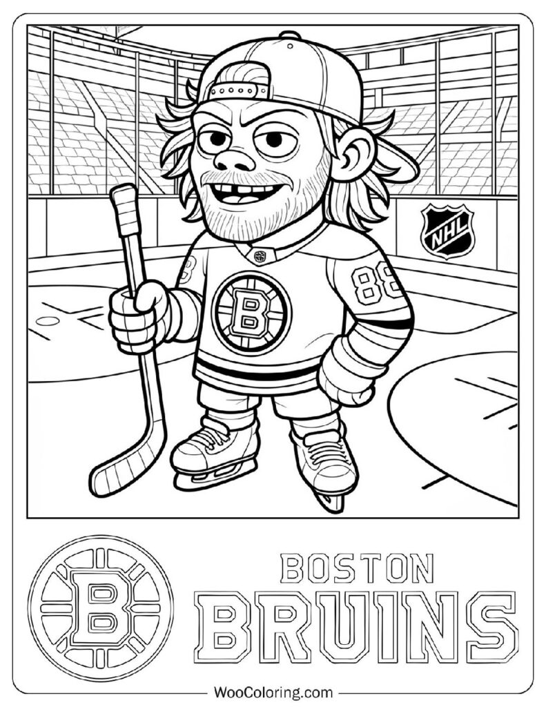 NHL Coloring Page with Boston Bruins Logo and David Pastrňák