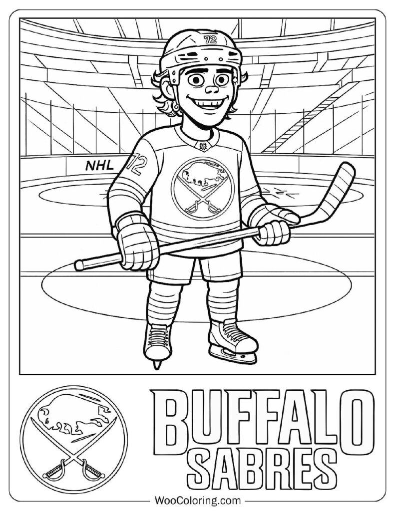 NHL Coloring Sheet with Smiling Tage Thompson and Buffalo Sabres Logo
