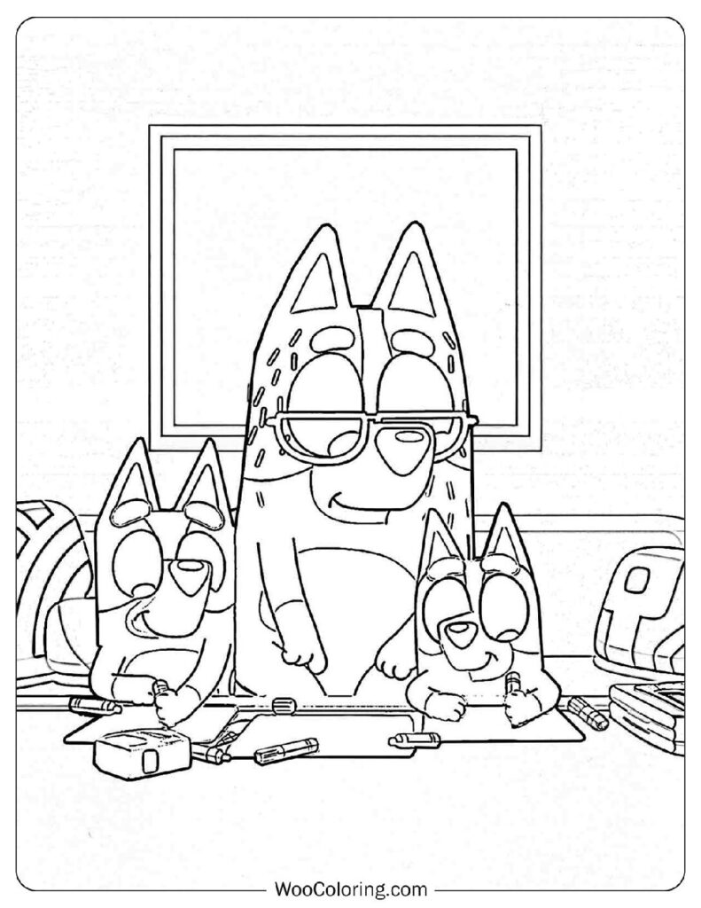 Nana, Bingo, and Bluey Coloring Pages at the Table