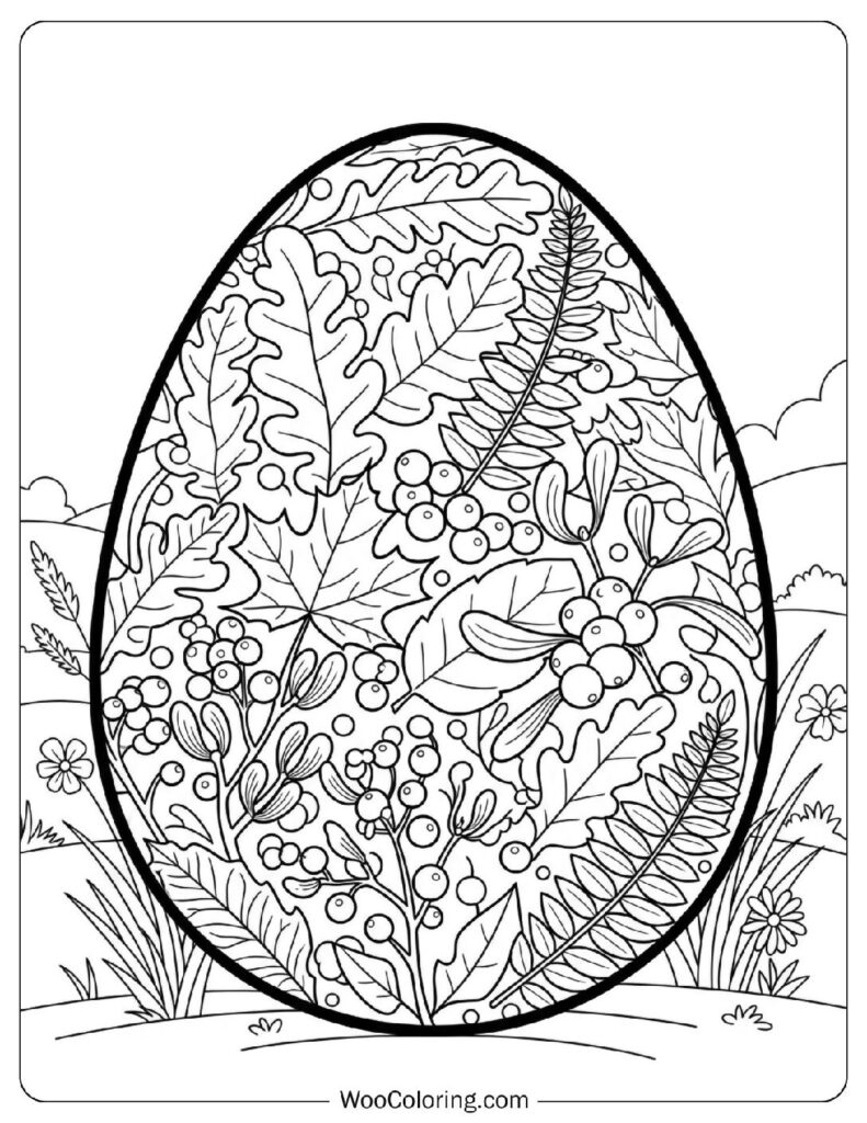 Nature-Themed Easter Egg with Leaves and Berries Picture to Color