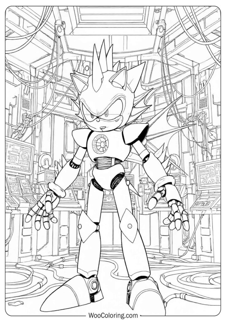 Neo Metal Sonic Futuristic Coloring Sheet for Kids with robotic details and mechanical highlights