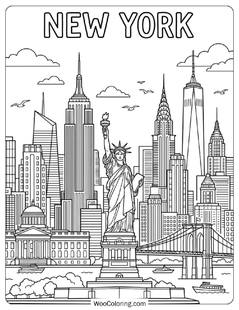 New York City Skyline with Statue of Liberty and Skyscrapers