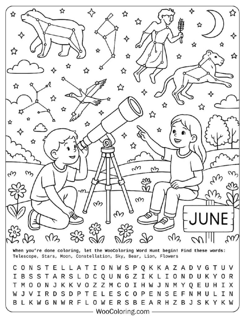 June coloring page
  with kids exploring constellations under a clear summer night sky