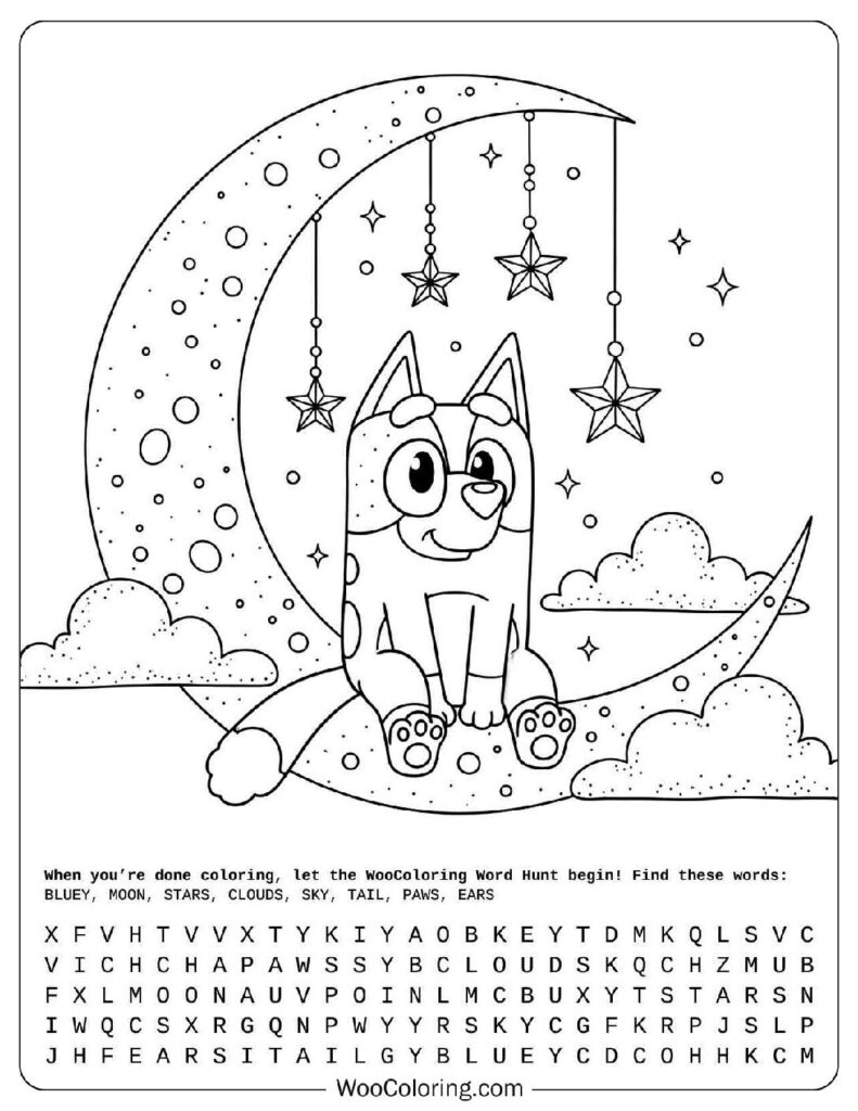 Night Sky with Bluey Sitting on the Moon Line Art Illustration