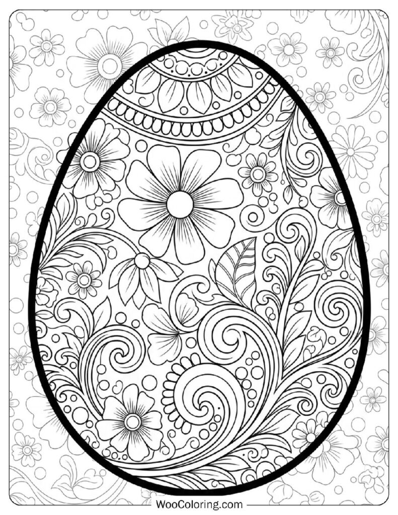 Ornate Floral Easter Egg with Swirls and Vines Coloring Page