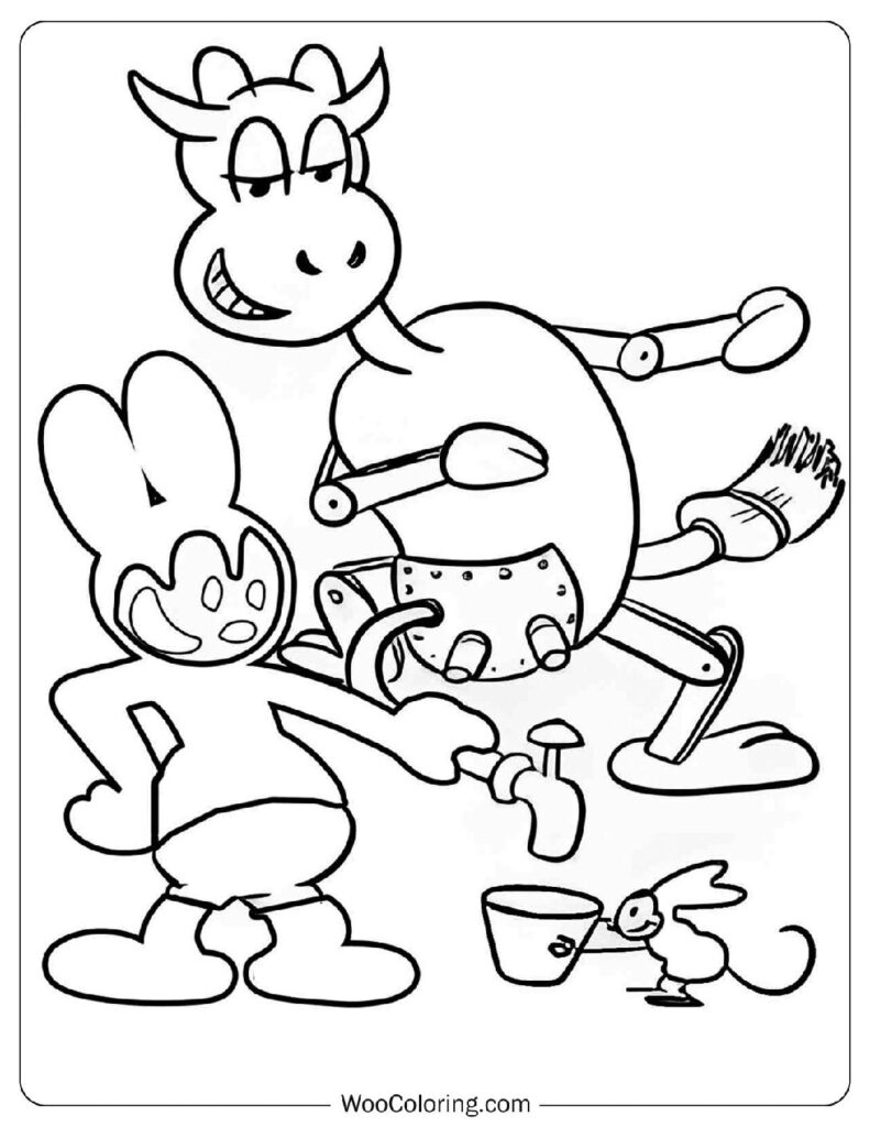 Oswald, Young Rabbit And Mechanical Cow Coloring Page