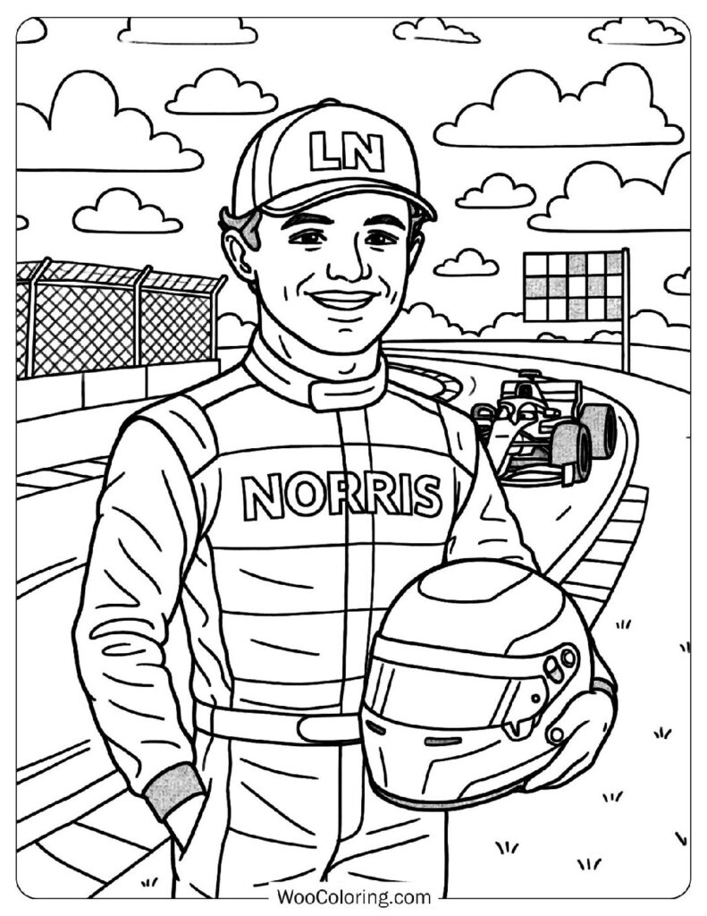 Outline Lando Norris in McLaren F1 Suit at Formula 1 Grand Prix Coloring Picture