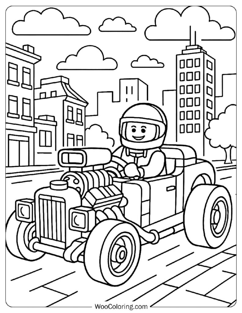 Outline Lego Hot Rod Car Driving Through Lego City Coloring Picture