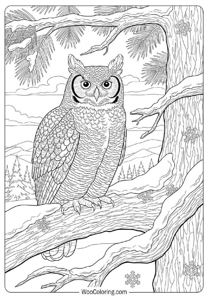 Owl Perched on a Snowy Tree Branch on a Cold Winter Afternoon Coloring Sheet