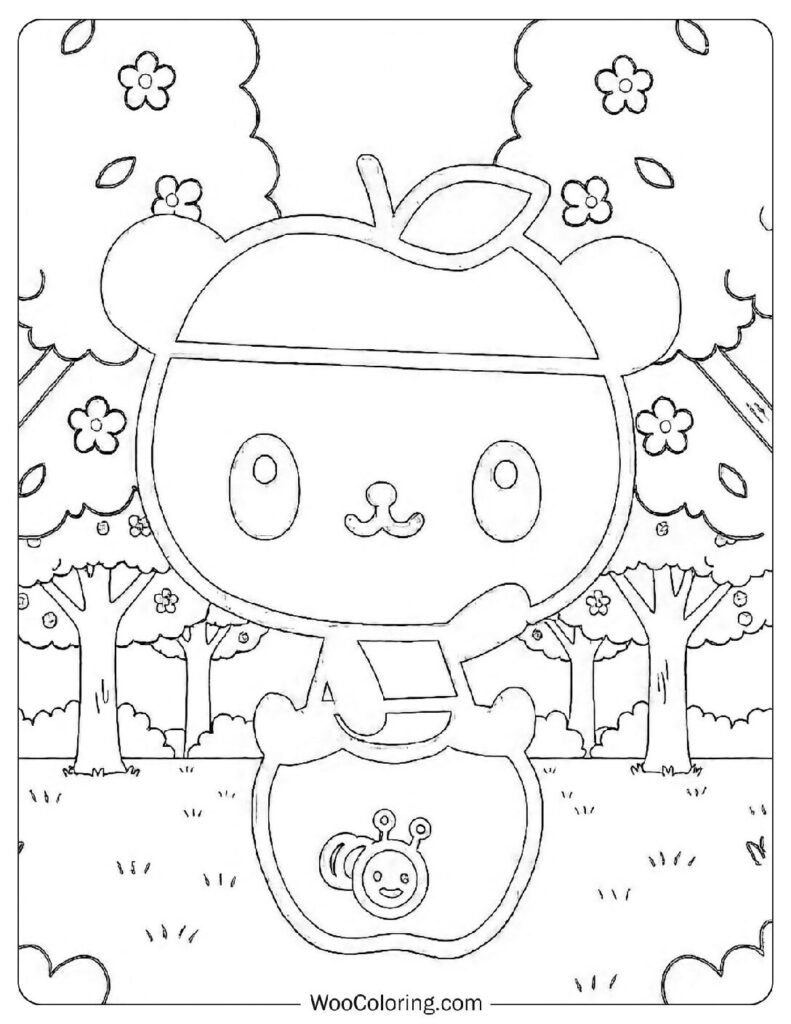 Pandapple Coloring Sheet for Preschoolers playful Sanrio panda balancing his red apple hat